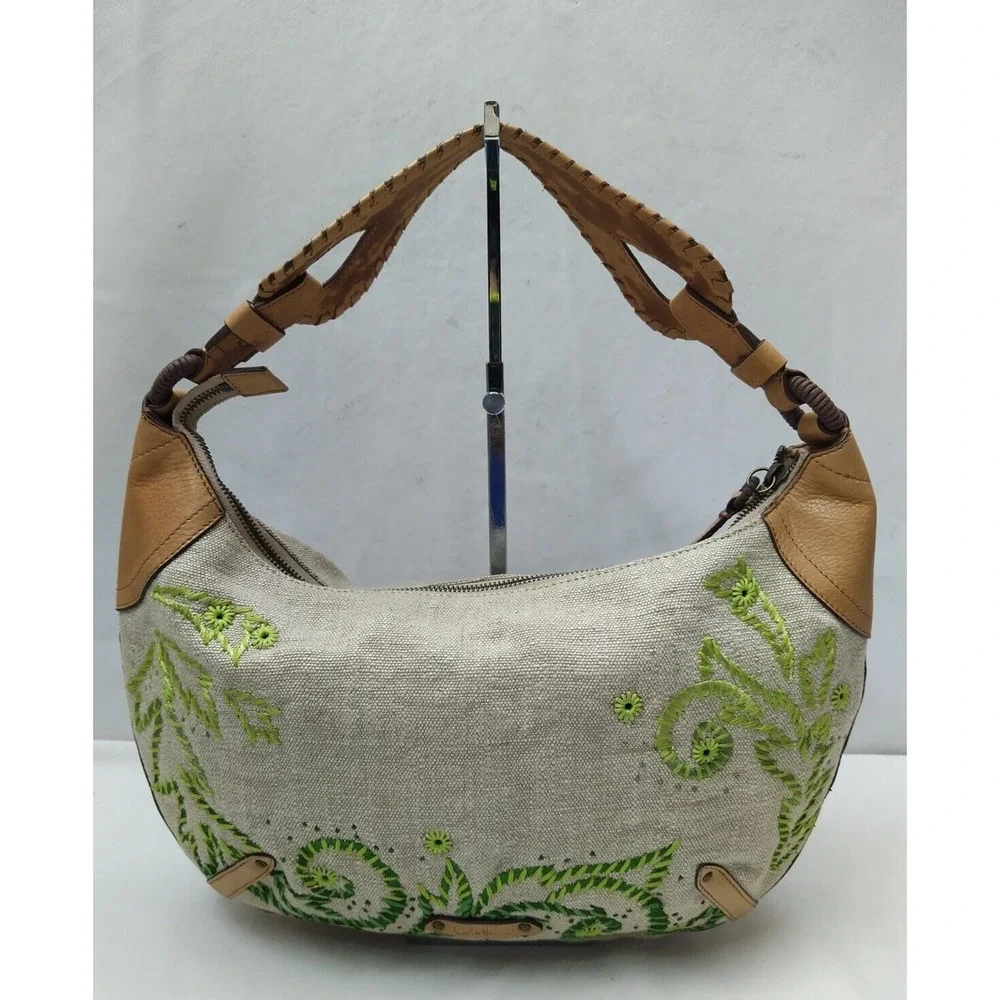 Cole Haan Multicolor Canvas Leather Trim Floral Zipper Closure Hobo Shoulder Bag
